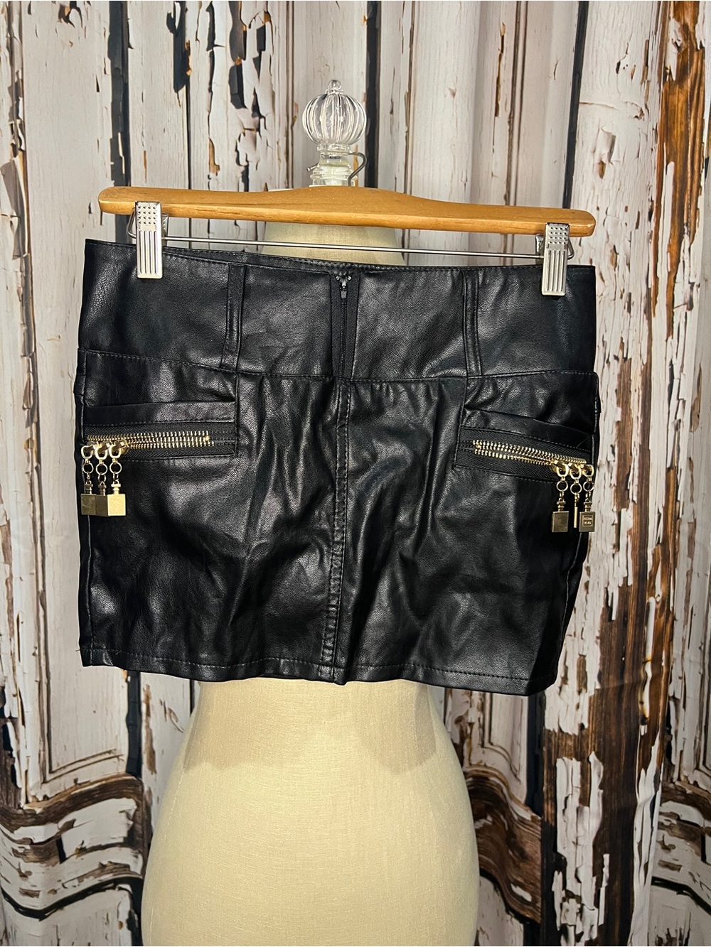 Rave Inspired Faux Leather Mini Skort with Gold Zipper Detail